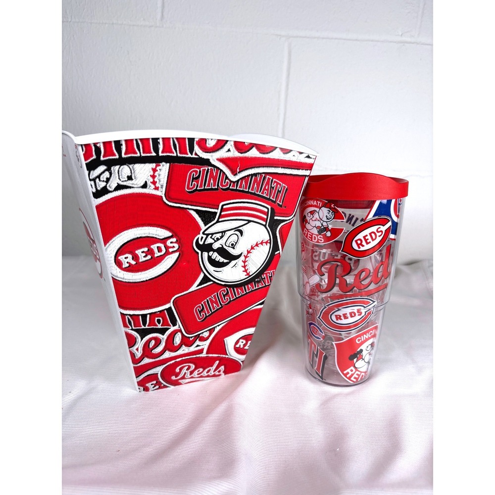 Cincinnati Reds Tervis Tumbler 24oz and Popcorn Bucket Set MLB Baseball Fan Gear